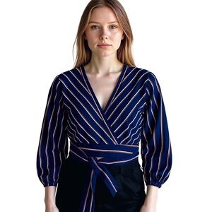 Guess Navy Striped V-Neck Blouse Size S - Long Puff Sleeves, Preppy Corpcore